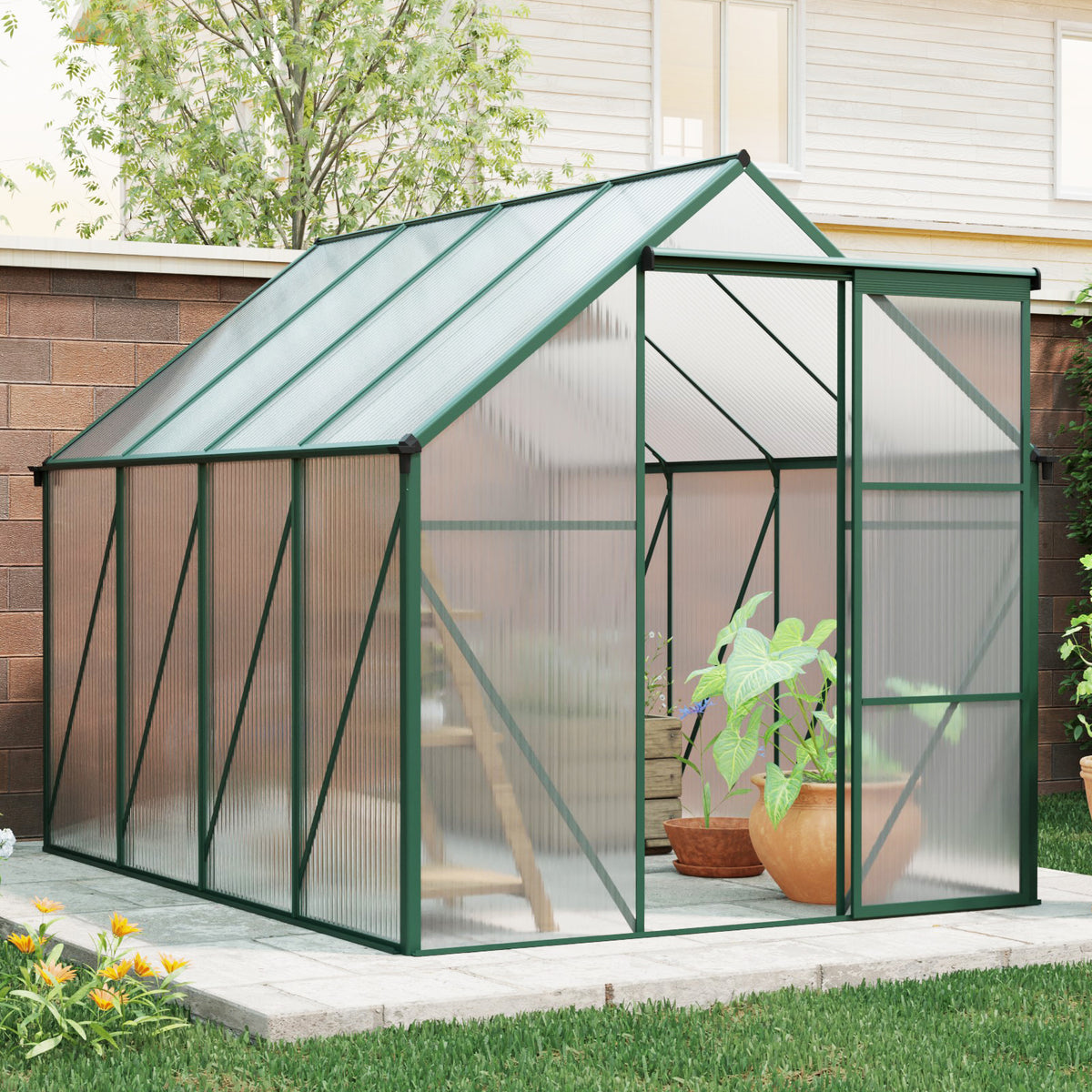 6×8 FT Outdoor Polycarbonate Greenhouse with Sliding Door & Galvanized Base – Green